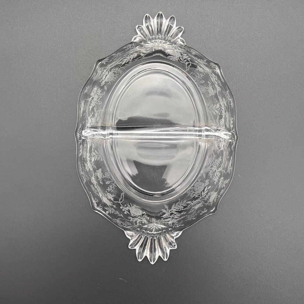 Vintage Fostoria Baroque Navarre Etched Glass Divided Serving Dish Floral Design - Picture 6 of 15